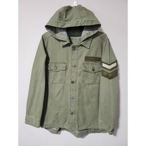American Eagle Hooded Military Jacket Mens L Olive Green Button Front Utility